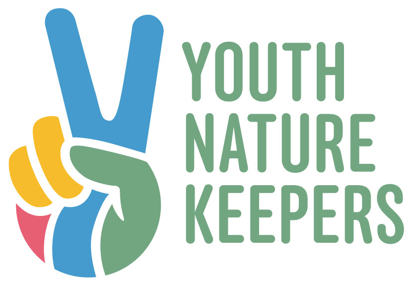 A colourful hand with peace sign, and text Youth Nature Keepers